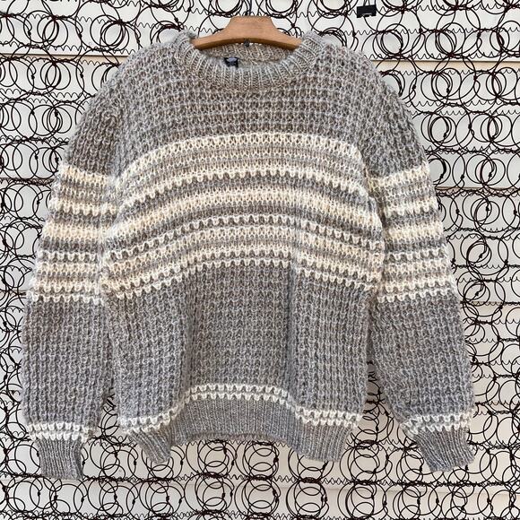 Vintage German? neutral gray cream stripe knit wool sweater MEDIUM? - Picture 1 of 5